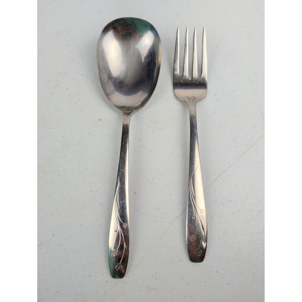 Vintage MCM Wallace Stainless Steel STARGLOW Starburst Serving Spoon & Fork